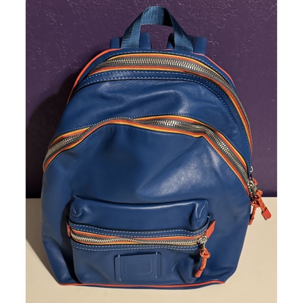 Coach Academy Leather Backpack Blue Varsity Zipper Travel Laptop New Rare $595